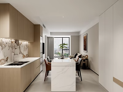 Modern Dining and Living Area With Open Design Wooden Cabinets Marble Island Countertop Dining Table 3d model