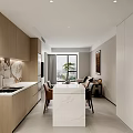 Modern Dining and Living Area With Open Design Wooden Cabinets Marble Island Countertop Dining Table