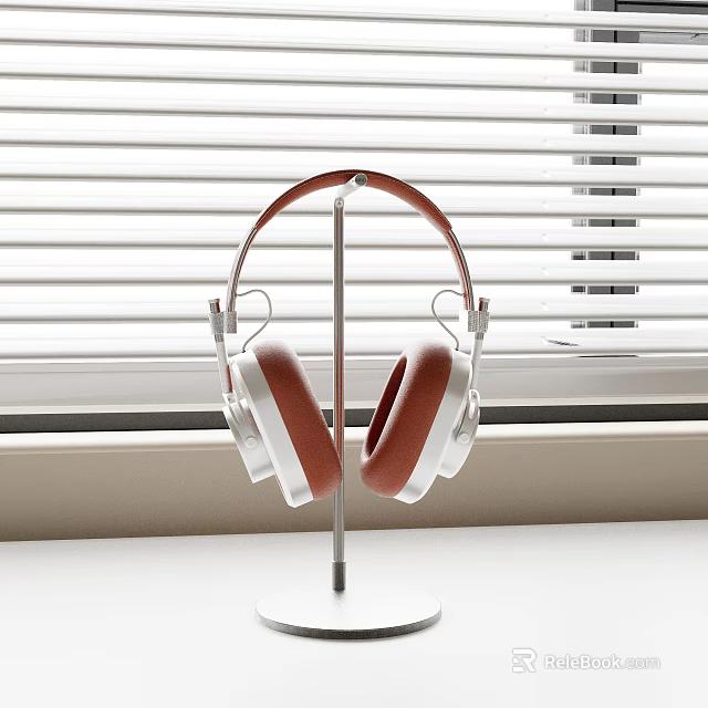 Stylish Headphones On Stand By Window With Blinds 3d model 