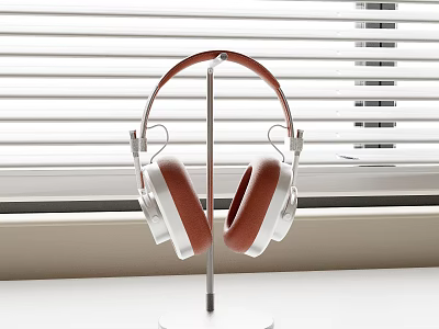 Stylish Headphones On Stand By Window With Blinds 3d model