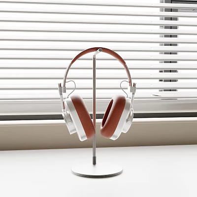 Stylish Headphones On Stand By Window With Blinds 3d model