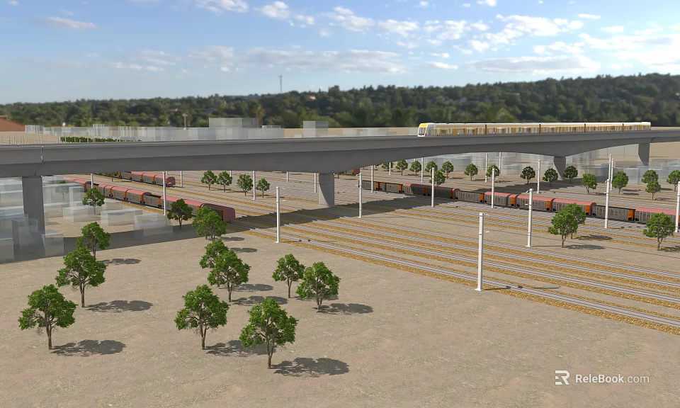 Electric Tram Traveling on Elevated Railway Track Surrounded by Trees and Open Landscape 3d model 