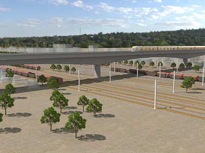 Electric Tram Traveling on Elevated Railway Track Surrounded by Trees and Open Landscape 3d model