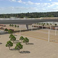 Electric Tram Traveling on Elevated Railway Track Surrounded by Trees and Open Landscape