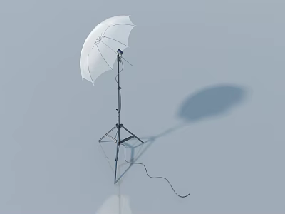 White Umbrella Shaped Lamp On Tripod Stand With Shadow In Light Blue Background 3d model