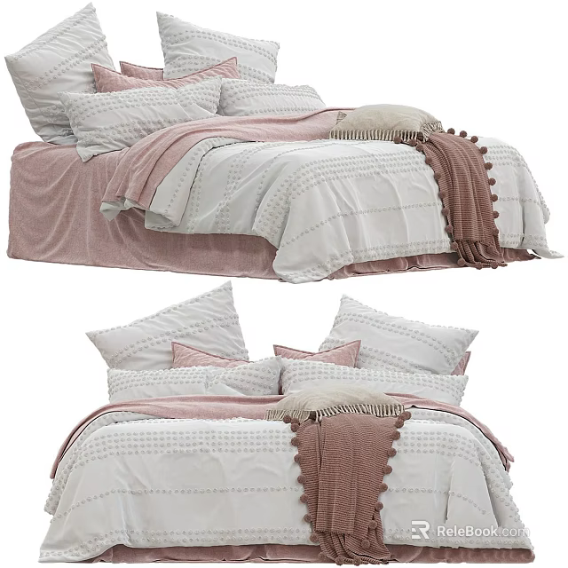 Cozy Bed Linen Set With Pink Velvet Base White Duvet And Knitted Blanket 3d model 
