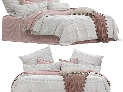 Cozy Bed Linen Set With Pink Velvet Base White Duvet And Knitted Blanket 3d model