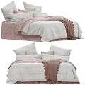 Cozy Bed Linen Set With Pink Velvet Base White Duvet And Knitted Blanket