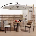 Outdoor Table with Curved Parasol Chairs Bamboo Fence and Scroll Decorations