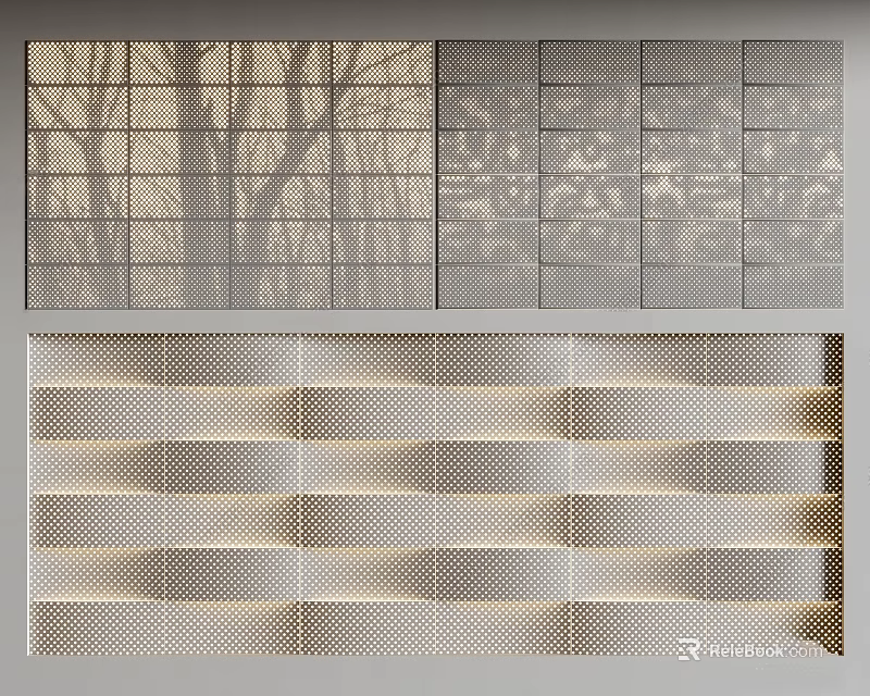 Modern Grid Design Background Wall with Tree Shadow and Wavy Layered Lighting Effect 3d model 