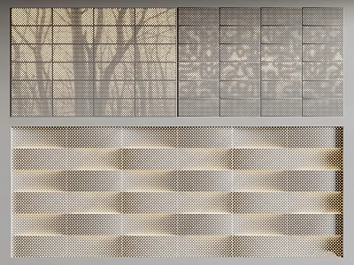 Modern Grid Design Background Wall with Tree Shadow and Wavy Layered Lighting Effect 3d model