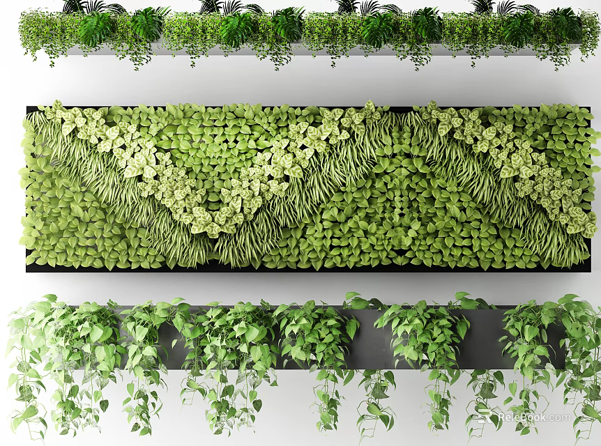 Vertical Living Plant Wall With Diverse Green Plants And Hanging Vines 3d model 