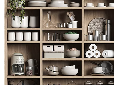 Stylish Dinnerware Set On Wooden Kitchen Shelf With Plates Cups Bowls And Glassware 3d model