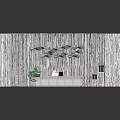Elegant Reception Desk Furniture With Wavy Pendant Lights Striped Background Wall And Green Plant