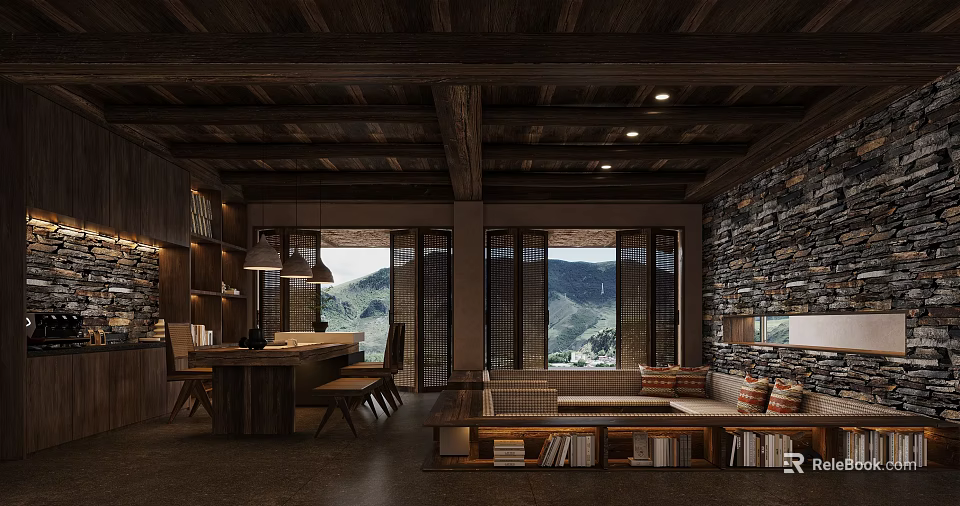 Hotel Public Lounge Area With Wooden Ceiling Stone Wall And Mountain View Through Large Windows 3d model 