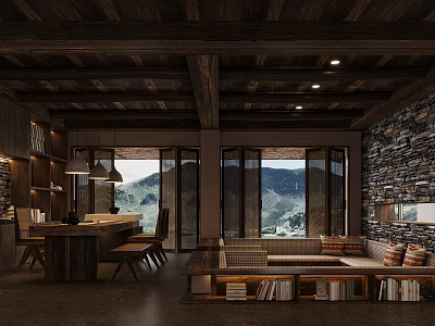 Hotel Public Lounge Area With Wooden Ceiling Stone Wall And Mountain View Through Large Windows 3d model