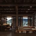 Hotel Public Lounge Area With Wooden Ceiling Stone Wall And Mountain View Through Large Windows