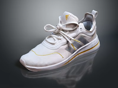 White Sporty Sneakers With Yellow Accents And Lace Up Design For Comfortable Wear 3d model