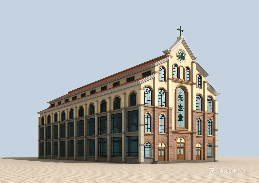 Traditional Catholic Church Building Featuring Cross Brick Structure And Arched Windows 3d model 