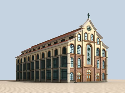 Traditional Catholic Church Building Featuring Cross Brick Structure And Arched Windows 3d model