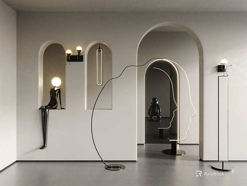 Modern White Wall Arched Interior Lighting Combination With Floor Lamps Wall Lamps And Sculptures 3d model 
