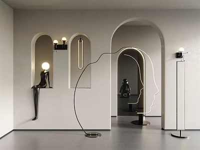 Modern White Wall Arched Interior Lighting Combination With Floor Lamps Wall Lamps And Sculptures 3d model