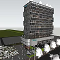 Modern Tall Hotel Building With Glass Facade Ground Floor Entrance And Plaza Greenery