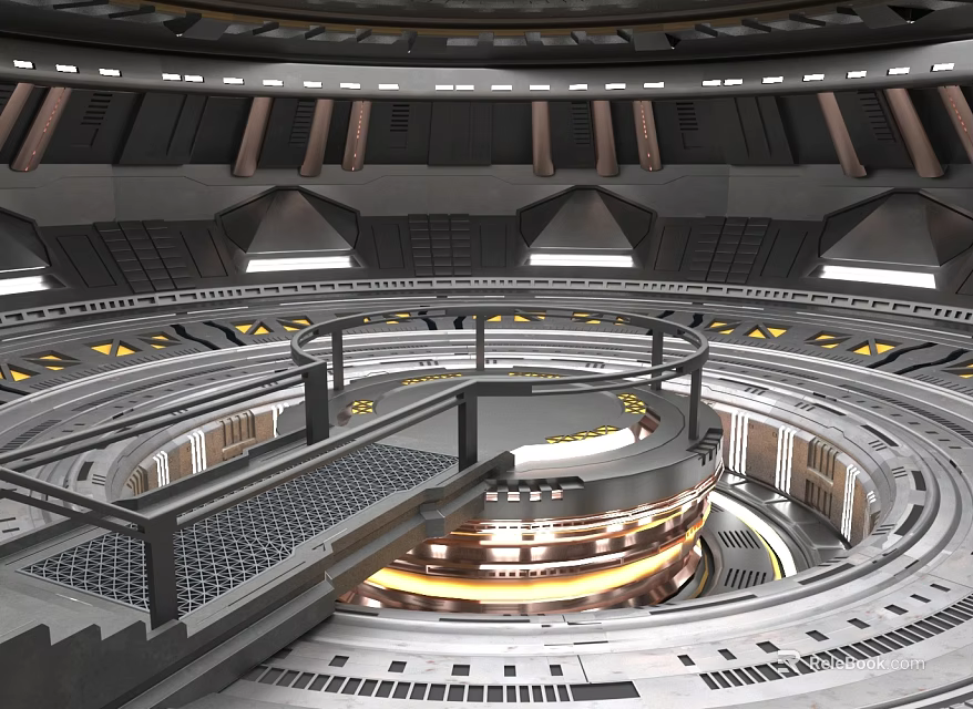 Cartoon Futuristic Circular Structure Scene With Multi Level Platforms Metal Railings And Glowing Lights 3d model 