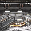 Cartoon Futuristic Circular Structure Scene With Multi Level Platforms Metal Railings And Glowing Lights