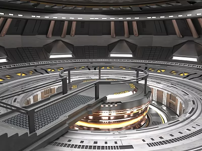 Cartoon Futuristic Circular Structure Scene With Multi Level Platforms Metal Railings And Glowing Lights 3d model