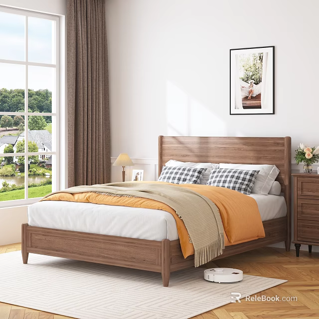 Cozy Bedroom Interior Design With Wooden Bed Frame Orange Bedding And Plaid Pillows 3d model 