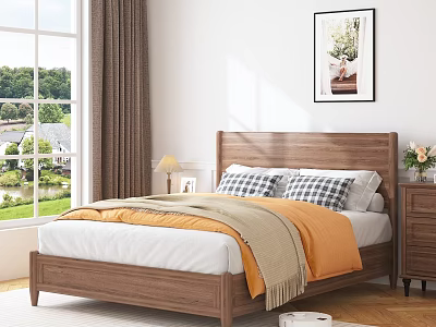 Cozy Bedroom Interior Design With Wooden Bed Frame Orange Bedding And Plaid Pillows 3d model