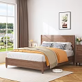 Cozy Bedroom Interior Design With Wooden Bed Frame Orange Bedding And Plaid Pillows