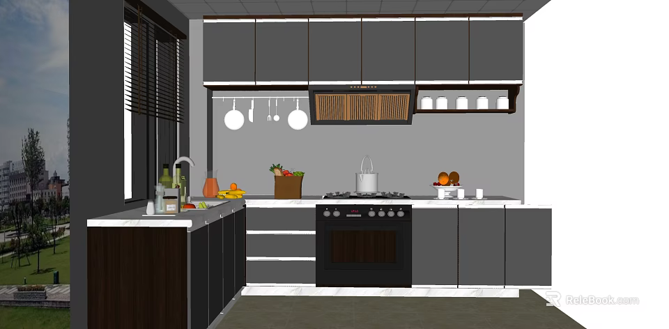 Modern Kitchen Interior Design With Gray Cabinets Countertop Stove And Fresh Fruits 3d model 