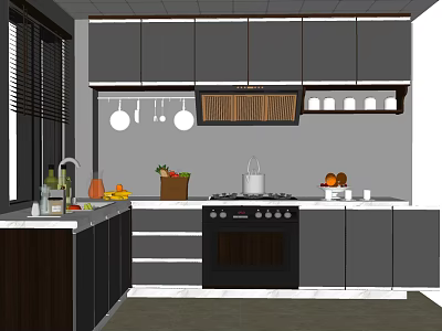 Modern Kitchen Interior Design With Gray Cabinets Countertop Stove And Fresh Fruits 3d model