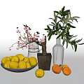 Decorative Vase With Cherry Blossom And Olive Branch Alongside Lemon Bowl And Fresh Oranges