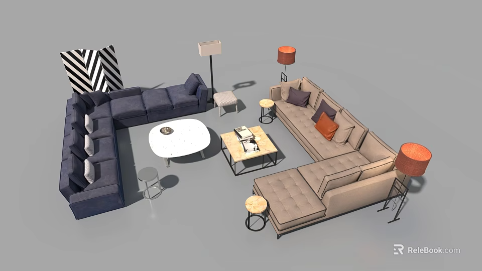 Modern Sectional Sofa and Coffee Table Set With Blue Beige Upholstery Orange Lamps and Pillows 3d model 