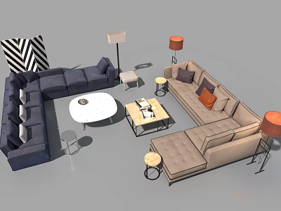 Modern Sectional Sofa and Coffee Table Set With Blue Beige Upholstery Orange Lamps and Pillows 3d model