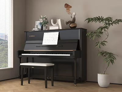 Elegant Piano Room With Black Upright Piano Music Sheet Green Plant And Wooden Floor 3d model