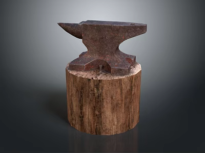 Rustic Blacksmith Anvil For Weapon Making Placed On Wooden Stump And Metal Base 3d model