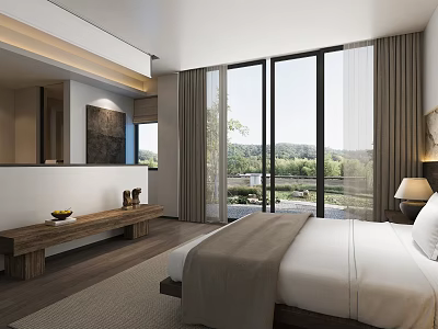 Hotel Guest Room With King Bed Wooden Bench Floor To Ceiling Windows And Scenic View 3d model
