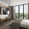 Hotel Guest Room With King Bed Wooden Bench Floor To Ceiling Windows And Scenic View
