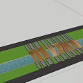 Wooden Landscape Bridge With Connected Structures Amid Green Lawn And Trees