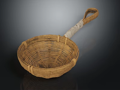 Handmade Wicker Kitchen Strainer With White Wrapped Handle For Daily Use 3d model