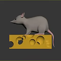Cute Gray Mouse Standing On Yellow Cheese With Holes In 3D Render