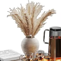 Decorative Ornament Set With Ceramic Vase Dried Pampas Grass Metal Tray Glass Cups And Books