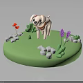 Cute Puppy Figure On Green Grass Base With White Stones Red Butterflies And Purple Flowers