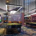 Elegant Modern Billiard Room Interior With Green Tables Ceiling Lights And Patterned Carpet