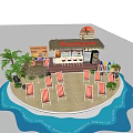 Powerland Bar With Thatched Roof Sunset Sign Red White Striped Chairs Pool And Surfboards