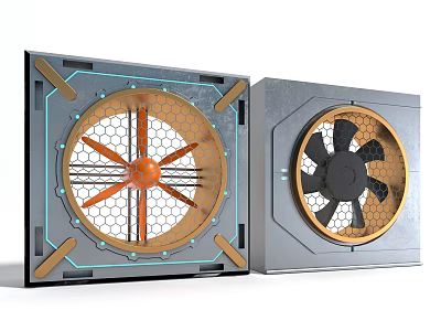 Modern Industrial Air Conditioner Air Outlet With Hexagonal Grid And Orange Black Fan Blades 3d model